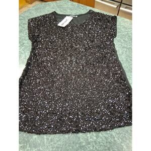 Pretty Guide Womens Size Small Black Sequin Short Sleeve Blouse Top Lined NWT